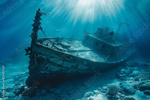 Underwater view of an old sunken ship on seabed with fish swimming