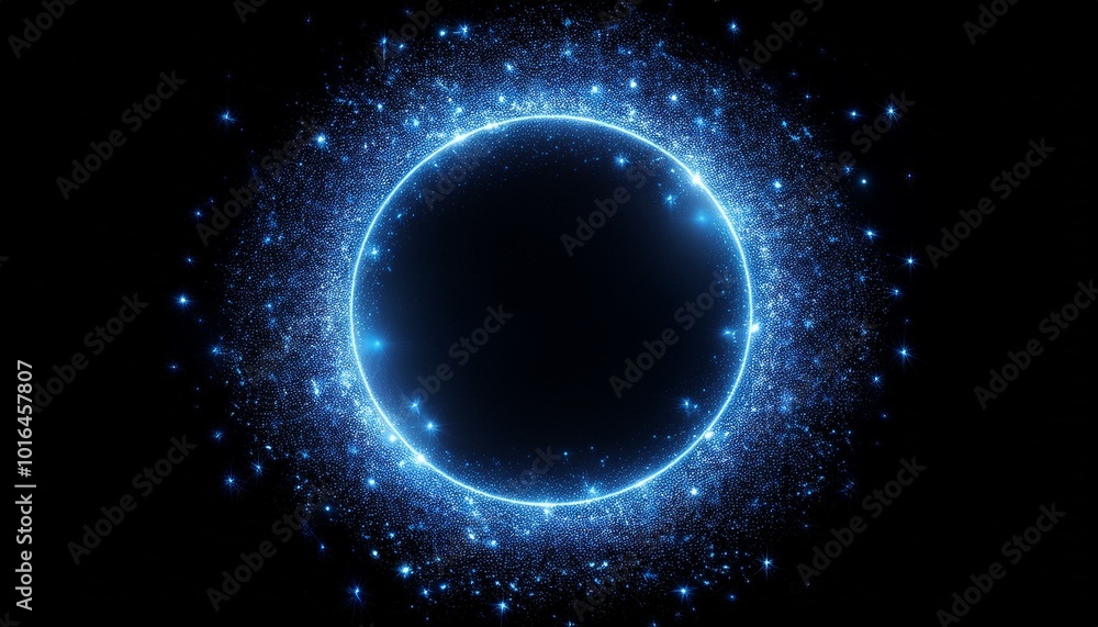 Blue glitter circle of light shine sparkles and blue spark particles in circle frame on black background. Christmas magic stars glow, firework confetti of glittery ring shimmer Blue glitter circle of light shine sparkles and blue spark particles in circle frame on black background. Christmas magic stars glow, firework confetti of glittery ring shimmer