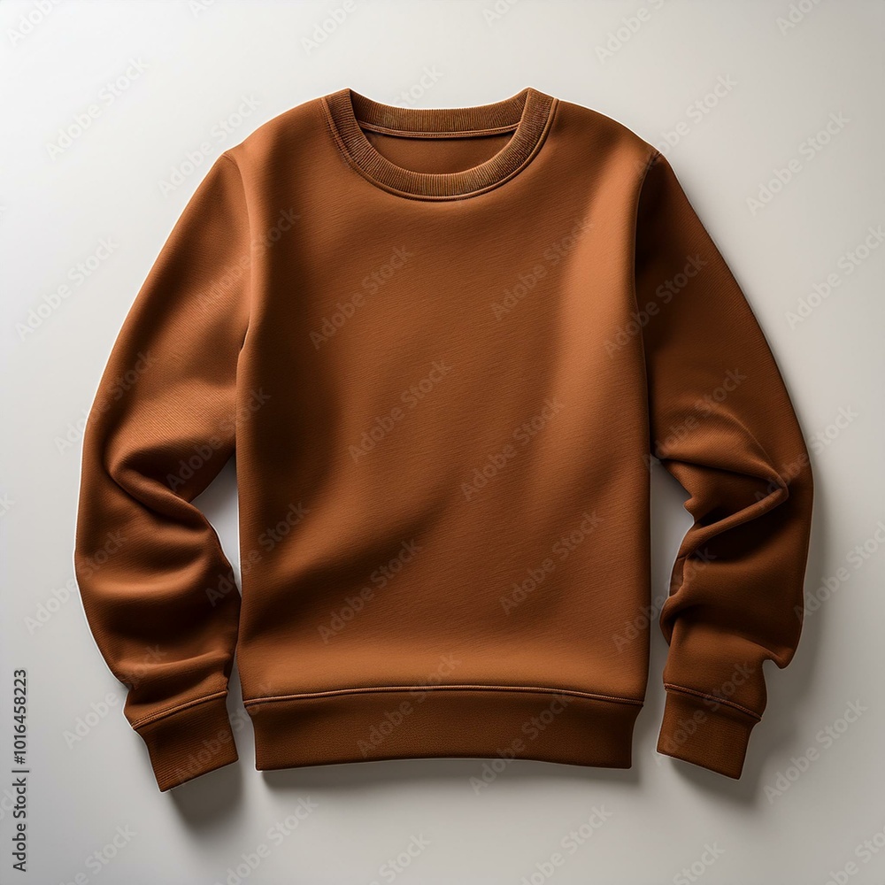 Brown color crew-neck sweatshirt lying flat and folded on top of a white background Brown color crew-neck sweatshirt lying flat and folded on top of a white background