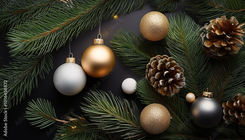 Christmas elegant decorations with elegant and sophisticated lighting and balls. Pine branches, composition for premium marketing materials Christmas elegant decorations with elegant and sophisticated lighting and balls. Pine branches, composition for premium marketing materials