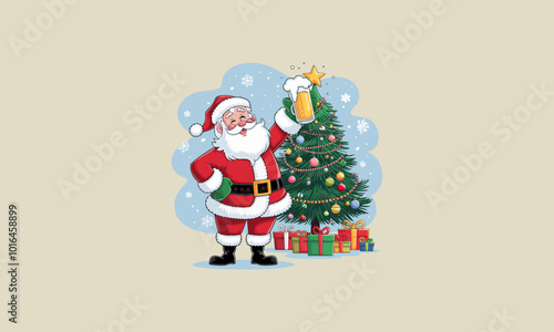 Santa Claus holding beer next to a decorated Christmas tree