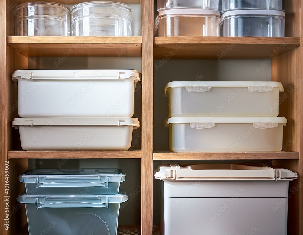 Close up of boxes and plastic containers on the shelves. Storage at home. Close up of boxes and plastic containers on the shelves. Storage at home.