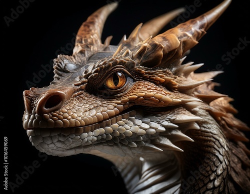 Close-up of calm dragon muzzle isolated on black