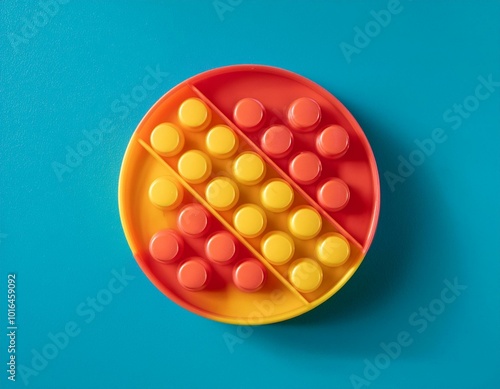 Close-up of flat lay of plastic toy block. Modern design background photo