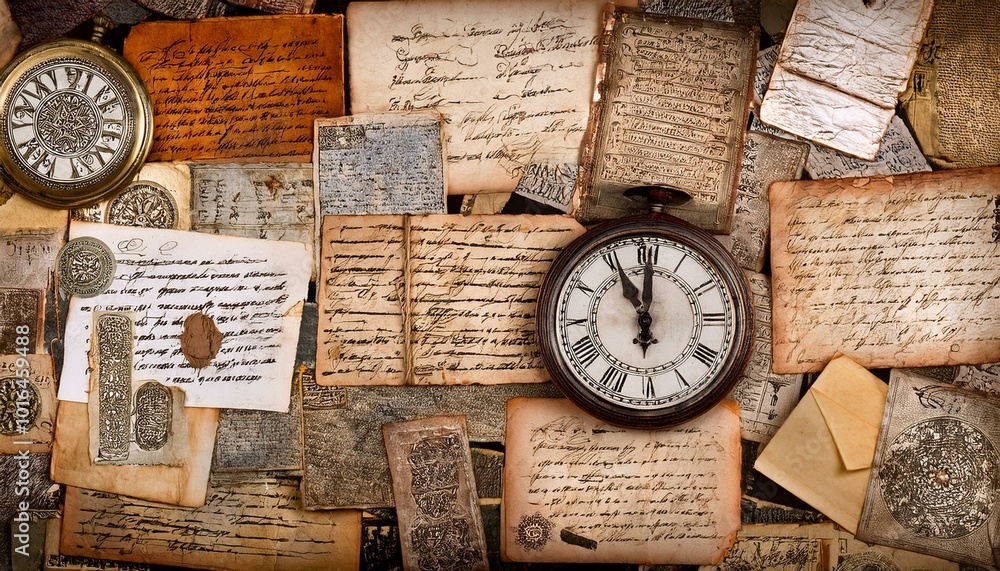 Collection of paper collage background made of ancient letters Collection of paper collage background made of ancient letters
