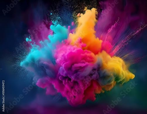 Clubs of multicolored neon smoke, ink. An explosion, a burst of holi paint. Abstract psychedelic pastel light background. 3D rendering. AI generated.