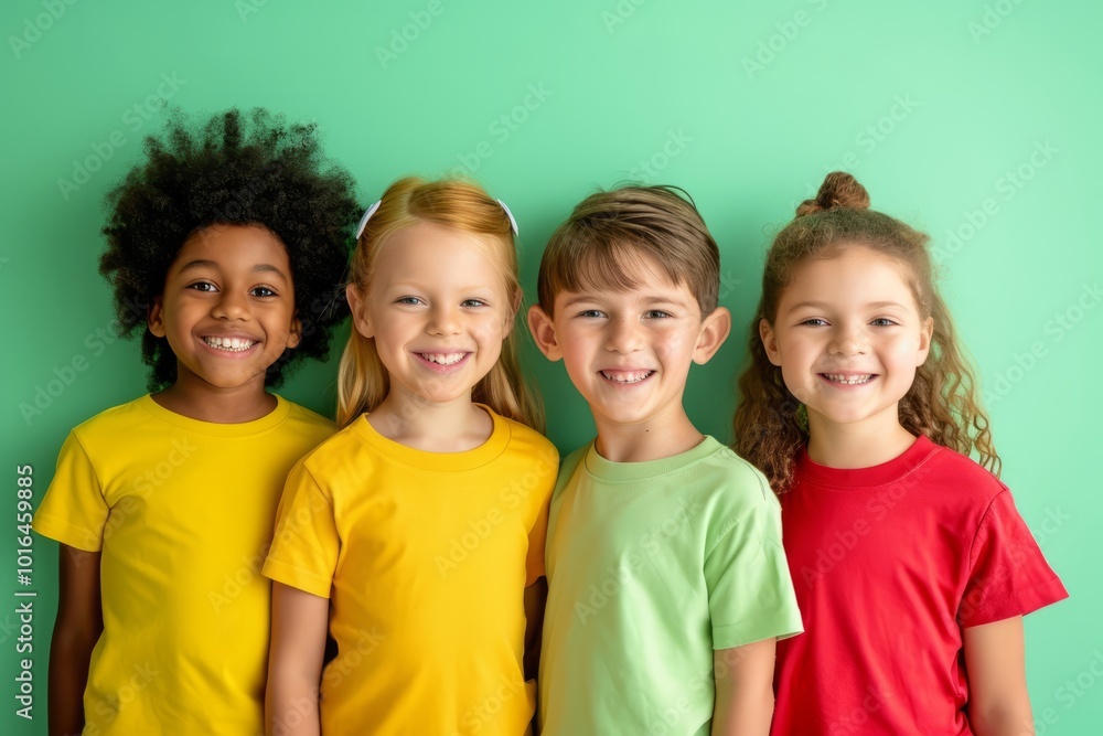 Group of smiling kids on a green background. Multiethnic group of children. Group of smiling kids on a green background. Multiethnic group of children.