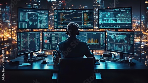 a panda sits at a desk analyzing data on multiple computer screens symbolizing the use of the pandas data science tool for data analysis.create by F.a