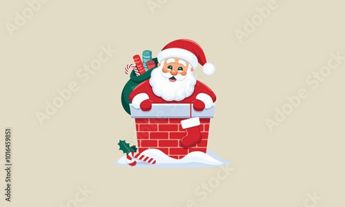 Santa Claus with a gift sack coming out of a chimney