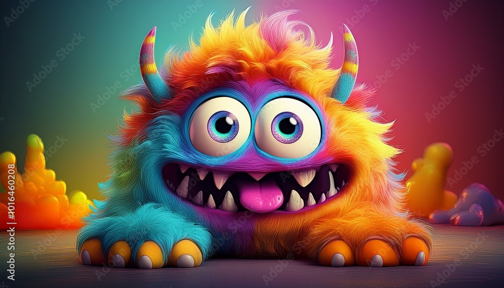 Naklejka premium Cringe and furry cartoon colorful monster