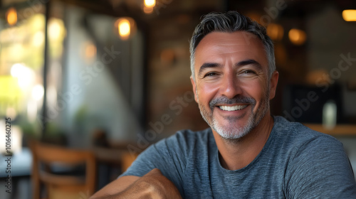 Middle-aged man smiling in a rustic modern setting.