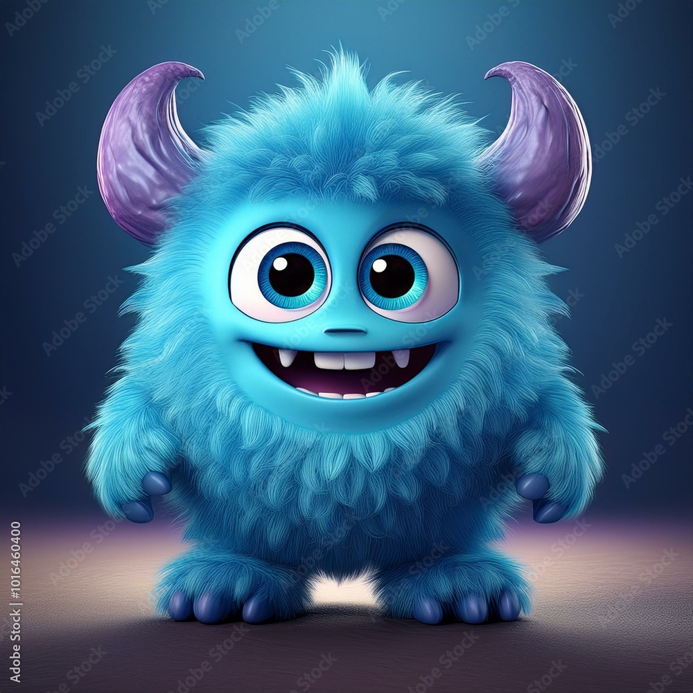 Naklejka premium Cute blue furry monster 3D cartoon character.