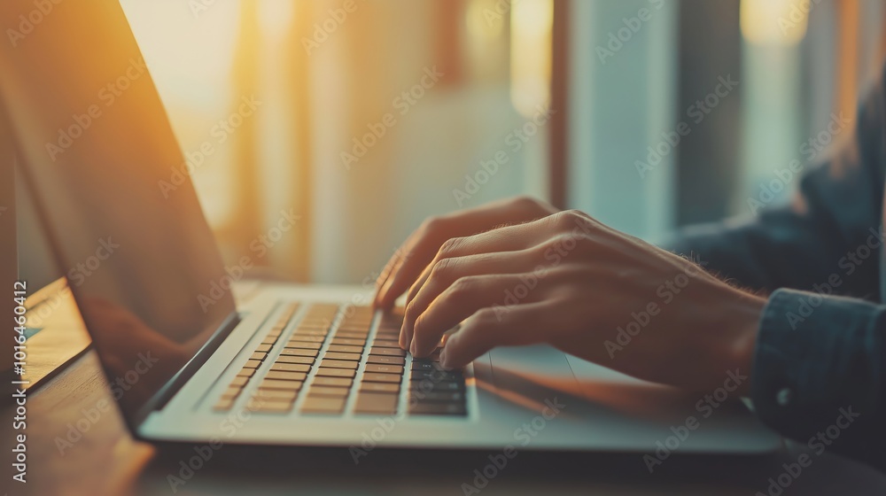 Hands typing on a laptop in a warm morning light, digital nomad lifestyle concept Hands typing on a laptop in a warm morning light, digital nomad lifestyle concept