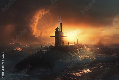Beautiful large submarine floating in middle of ocean during mission