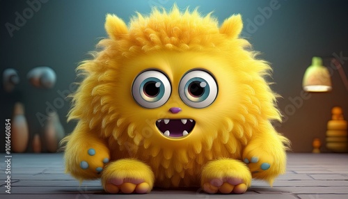 Cute yellow furry monster 3D cartoon character.