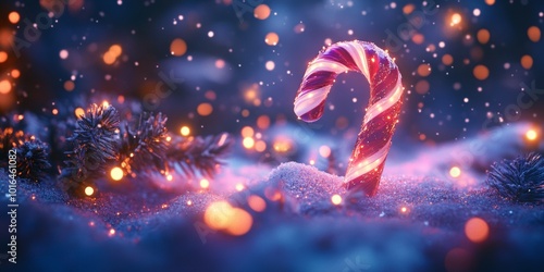 Holographic candy cane illuminated in a serene winter landscape, enchanting colors reflecting off snow-covered trees, festive atmosphere