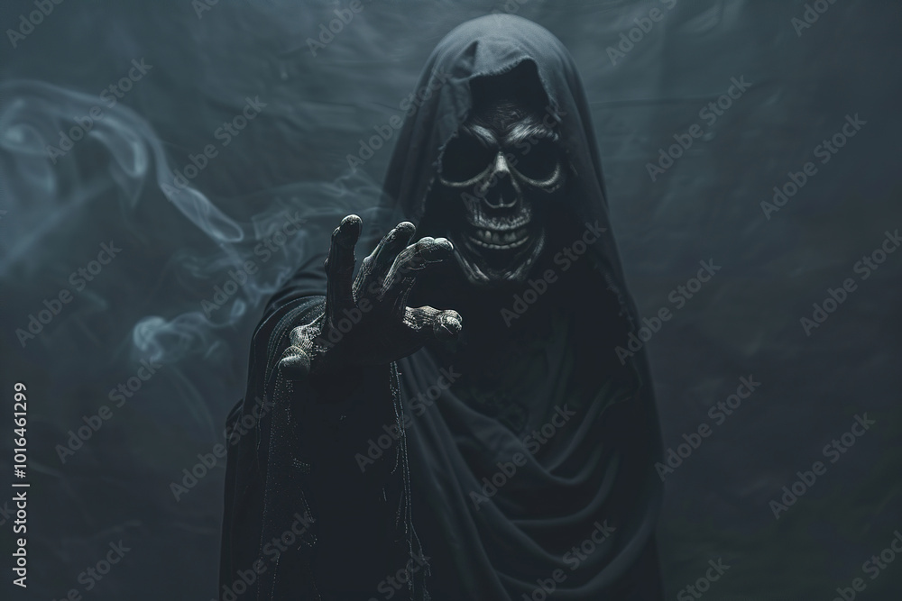 Scary grim reaper with scythe in hell on dark background with dramatic background Scary grim reaper with scythe in hell on dark background with dramatic background