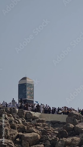 Mecca, Saudi Arabia on February 26, 2024. Jabal Rahmah in Arafah is the place where the Prophets Adam and Eve met after they were expelled from heaven.  This is the place where they ask for forgivenes