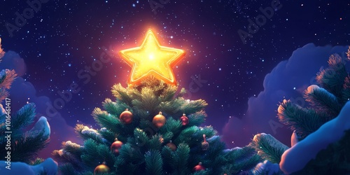 Holographic Christmas Star Adorning a Colorful Cartoon Tree, Bright Glow Enhancing Festive Spirit and Cheerful Atmosphere