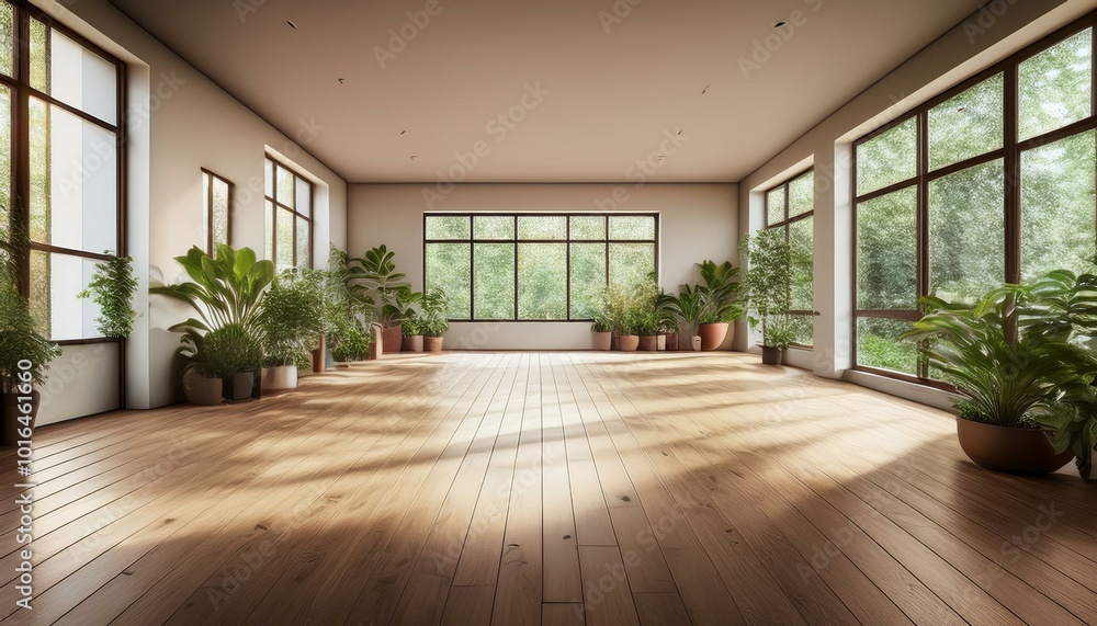 Fototapeta premium Empty room of modern contemporary loft with plants on wooden floor. Generative AI