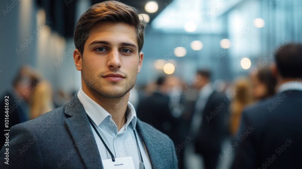 Young businessman standing confidently holding identification card at professional networking event The background shows co-workers participating in a conversation. Young businessman standing confidently holding identification card at professional networking event The background shows co-workers participating in a conversation.