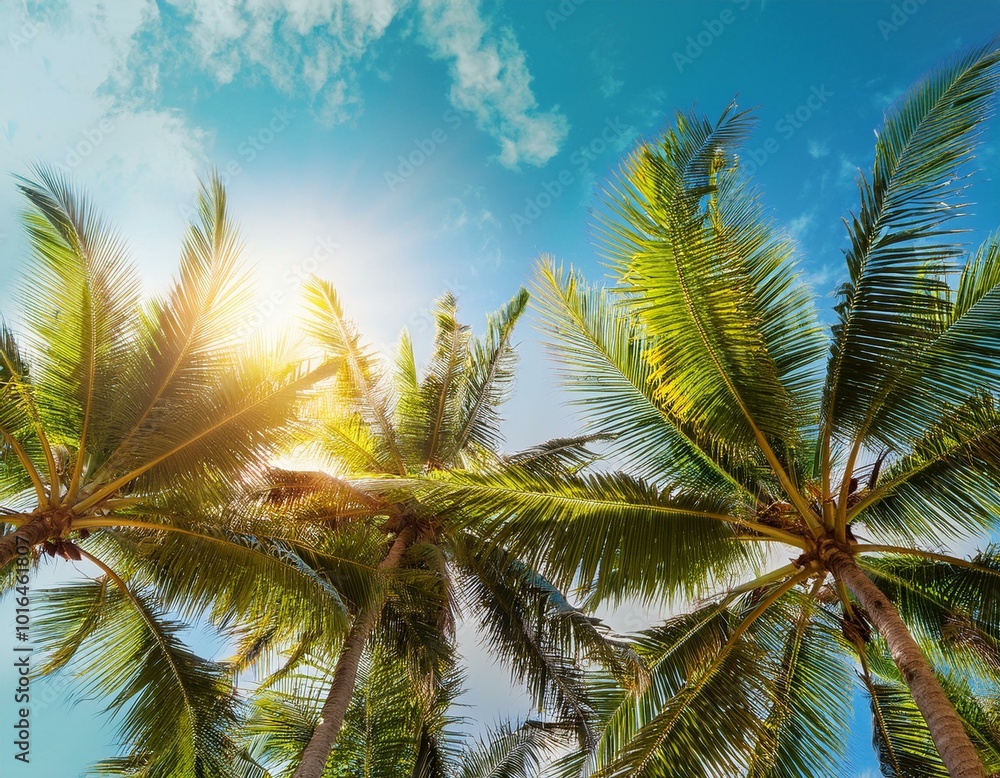 Exotic tropical palm trees at summer, view from bottom up to the sky at sunny day. Exotic tropical palm trees at summer, view from bottom up to the sky at sunny day.