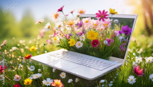 Flowers grew out of a white computer, surrounded by flowers and grass, spring garden, bright colors, with a dreamy atmosphere, blooming colors in bright daylight