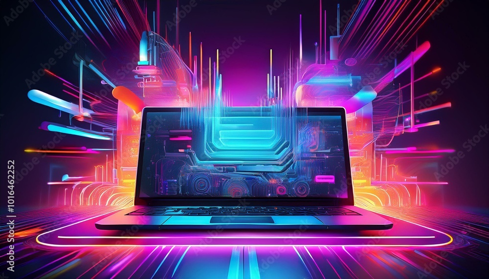 Futuristic illustration about computer technology with a laptop in neon colors. For cover backgrounds, wallpapers and other modern projects. Generated with AI Futuristic illustration about computer technology with a laptop in neon colors. For cover backgrounds, wallpapers and other modern projects. Generated with AI