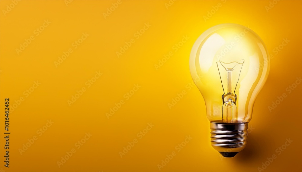Glowing light bulb, on yellow background. Copy space for text. Banner Glowing light bulb, on yellow background. Copy space for text. Banner