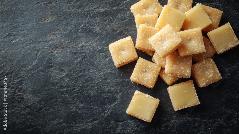 Fototapeta premium A Pile of Square Caramel Candies on a Dark Slate Surface