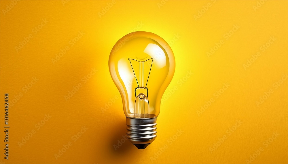 Glowing light bulb, on yellow background. Copy space for text Glowing light bulb, on yellow background. Copy space for text