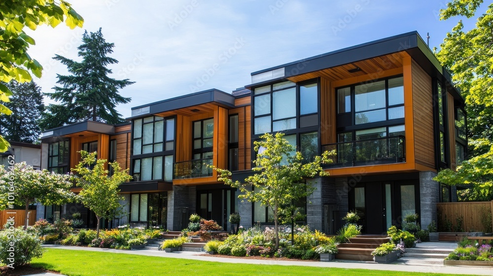 A set of contemporary townhouses with outstanding architectural features. Including large windows and geometric shapes. contemporary architecture A set of contemporary townhouses with outstanding architectural features. Including large windows and geometric shapes. contemporary architecture