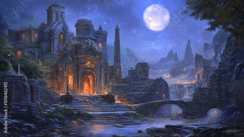 Moonlit Ancient Cathedral with Intricate Carvings and Peaceful Aura