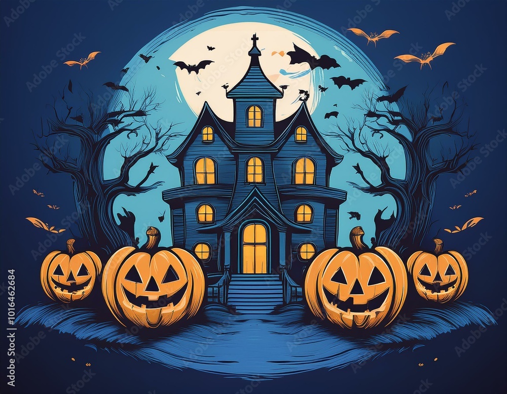 graphic t-shirt design style halloween haunted house. pumpkin heads. blue background. graphic t-shirt design style halloween haunted house. pumpkin heads. blue background.