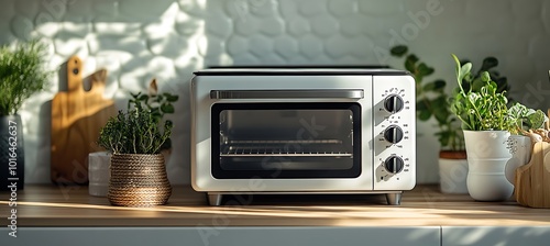 A toaster oven on a kitchen counter with ample space for text on the right photo