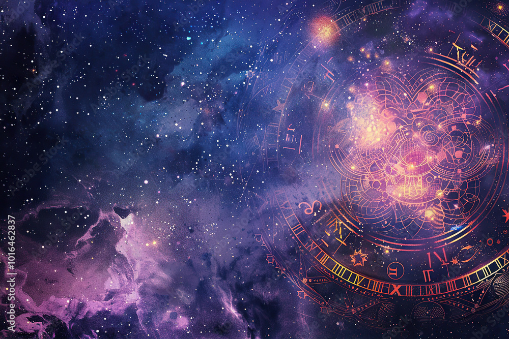 Obraz premium Astrological composition with zodiac circle in signs and symbols