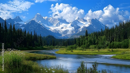 Majestic Snowy Mountain Range Surrounded by Lush Evergreen Forests and Wildflower Meadows