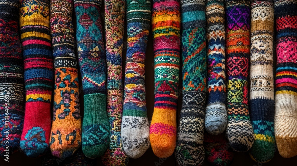 A collection of colorful socks in various patterns and textures A collection of colorful socks in various patterns and textures