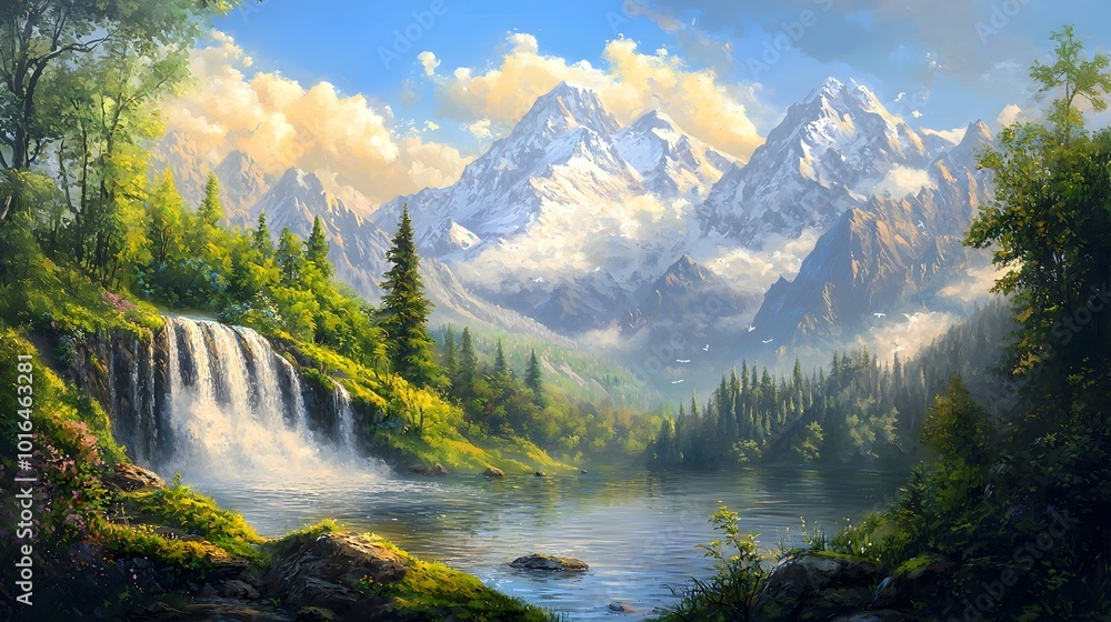 Majestic Impressionist Landscape of Verdant Hills and Serene Waterfall Majestic Impressionist Landscape of Verdant Hills and Serene Waterfall