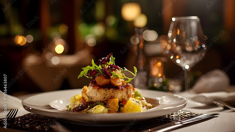 Sumptuous Gourmet Dish with Vibrant Colors and Textures,Elegantly Arranged on a Dining Table Sumptuous Gourmet Dish with Vibrant Colors and Textures,Elegantly Arranged on a Dining Table