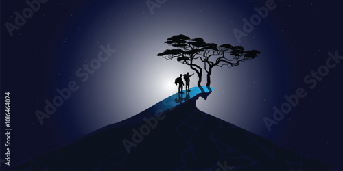 Traveler on a mountain at moonlight night 