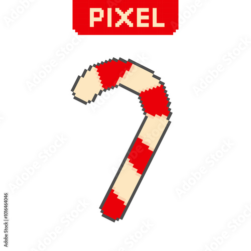 Vector candy cane icon in pixel art style on white background