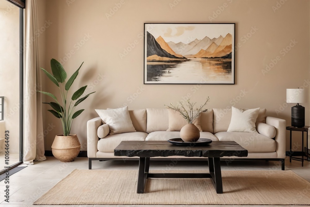 Simple Japandi living room with beige or neutral color theme with copy space. Japandi Living Room Decor. Simple Japandi living room with beige or neutral color theme with copy space. Japandi Living Room Decor.