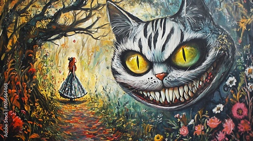 A Girl in a Dress Encounters a Ferocious Cat in a Forest Setting