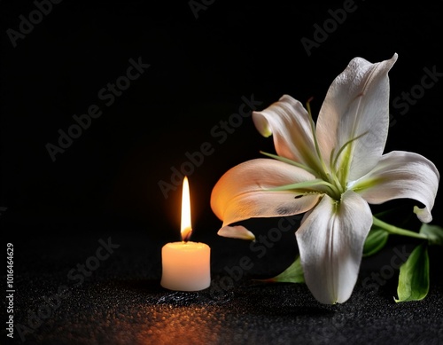 Memorial or grief banner. Beautiful lily and burning candle on black background