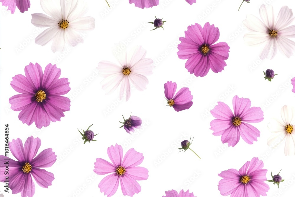 A bouquet of purple and white flowers on a plain white surface. A bouquet of purple and white flowers on a plain white surface.