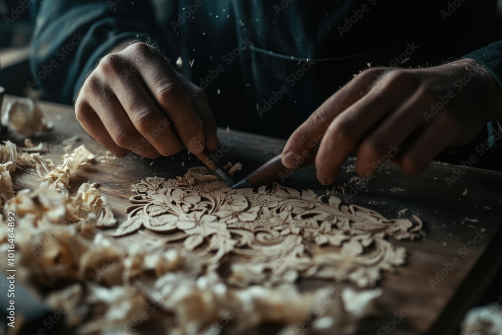 A person cuts wood with a knife on a cutting board, suitable for illustrations of crafting or DIY projects. A person cuts wood with a knife on a cutting board, suitable for illustrations of crafting or DIY projects.