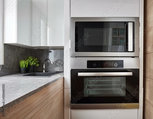 Modern white and black microwave in house kitchen