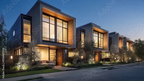 Modern design townhouse It is characterized by distinctive architectural elements. big window and the combination of materials such as steel and wood.