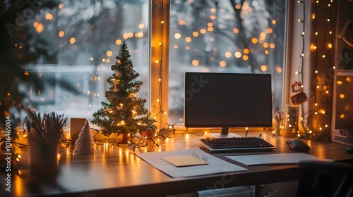 Festive Desktop with Christmas Tree, Lights and Computer